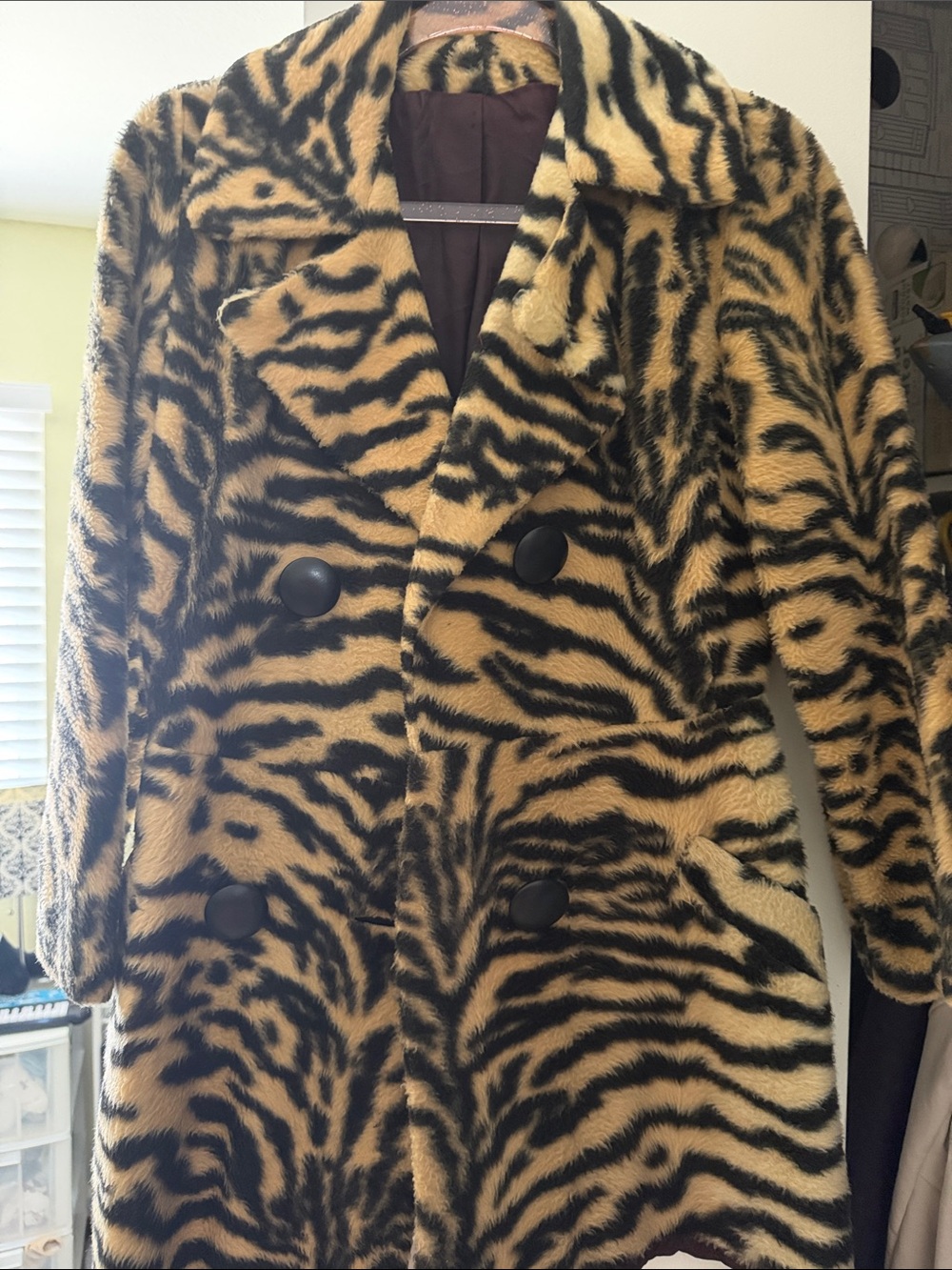 Unique Vintage Black and Tan Tiger-Stripe Faux Fur Pea Coat